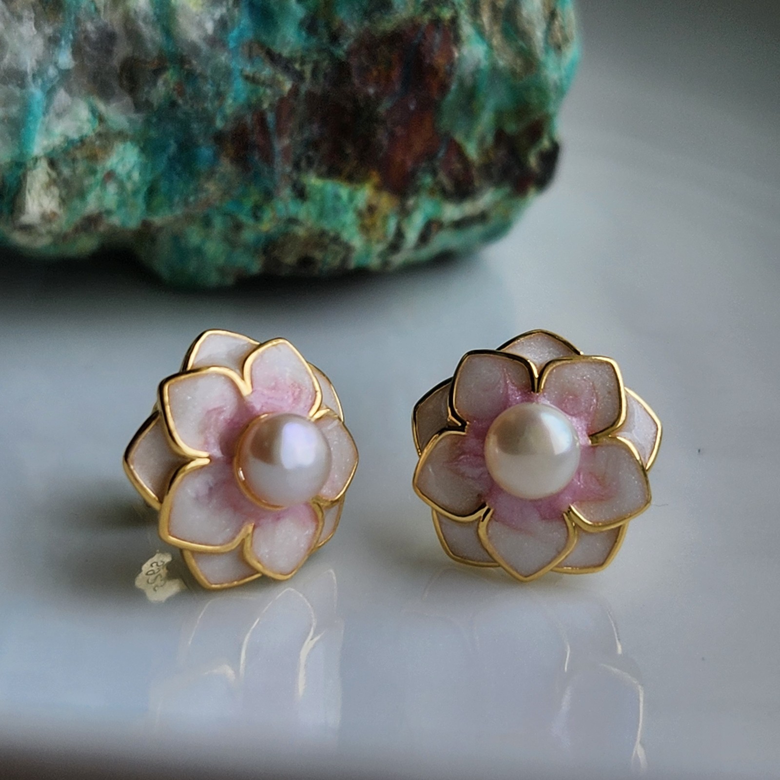 Natural 5mm Pearl Lotus Flower Enamel 14mm Stud Earrings Gold-Plated 925 Silver