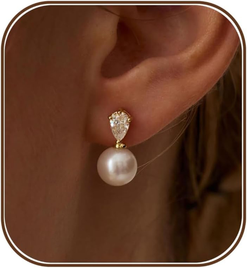 Pearl Earrings for Women, Dainty Wedding Bridal Earrings 14K Gold Plated CZ Pear