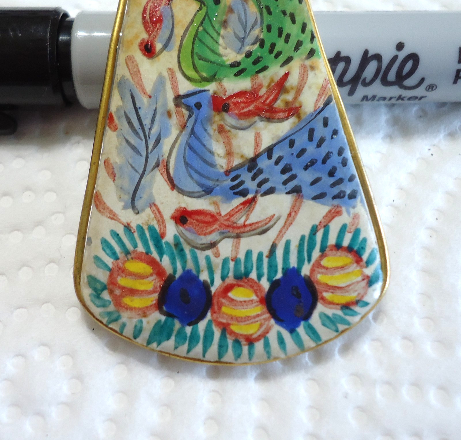 Hand Painted Ceramic Peacock Bird Pendant 2 1/2″ x 1 3/8″