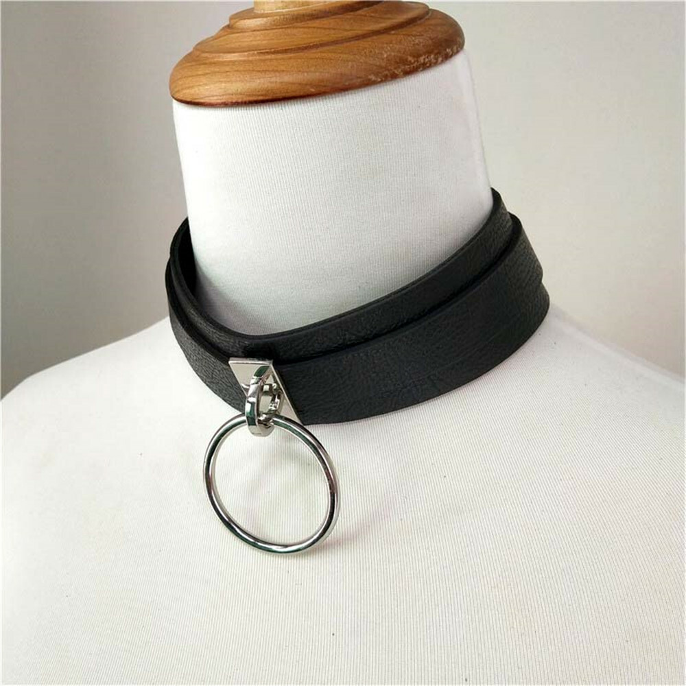 PU Leather Harness O-ring Choker Collar Fetish Neck Belt Slave Circle Ring