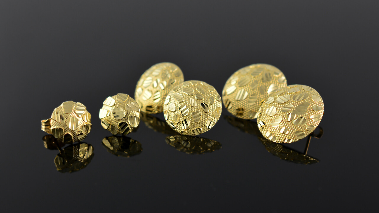 14K Yellow Gold Nugget Sparkle Cut Round Stud Earrings (3 sizes)