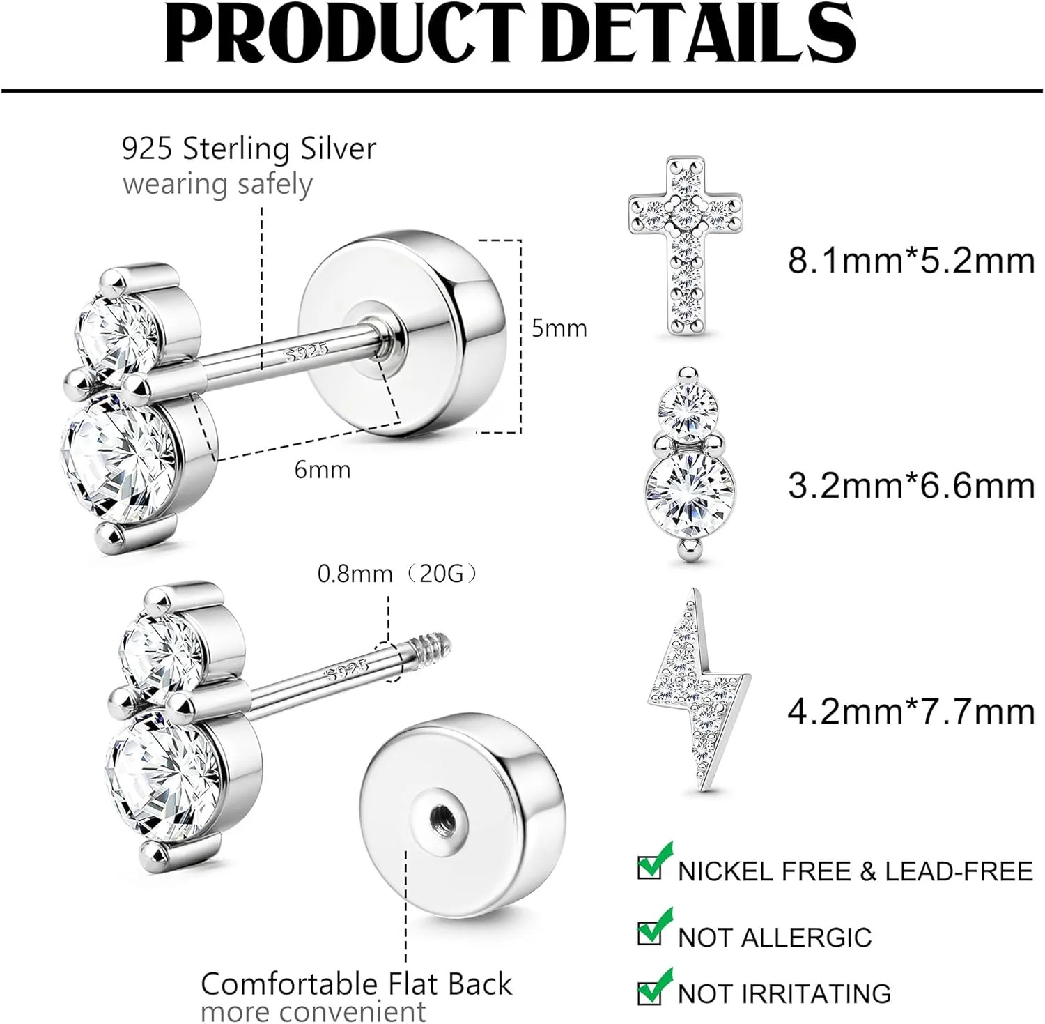 Dochais Flat Back Sterling Silver Earrings 14K Gold Plated Hypoallergenic Stud E