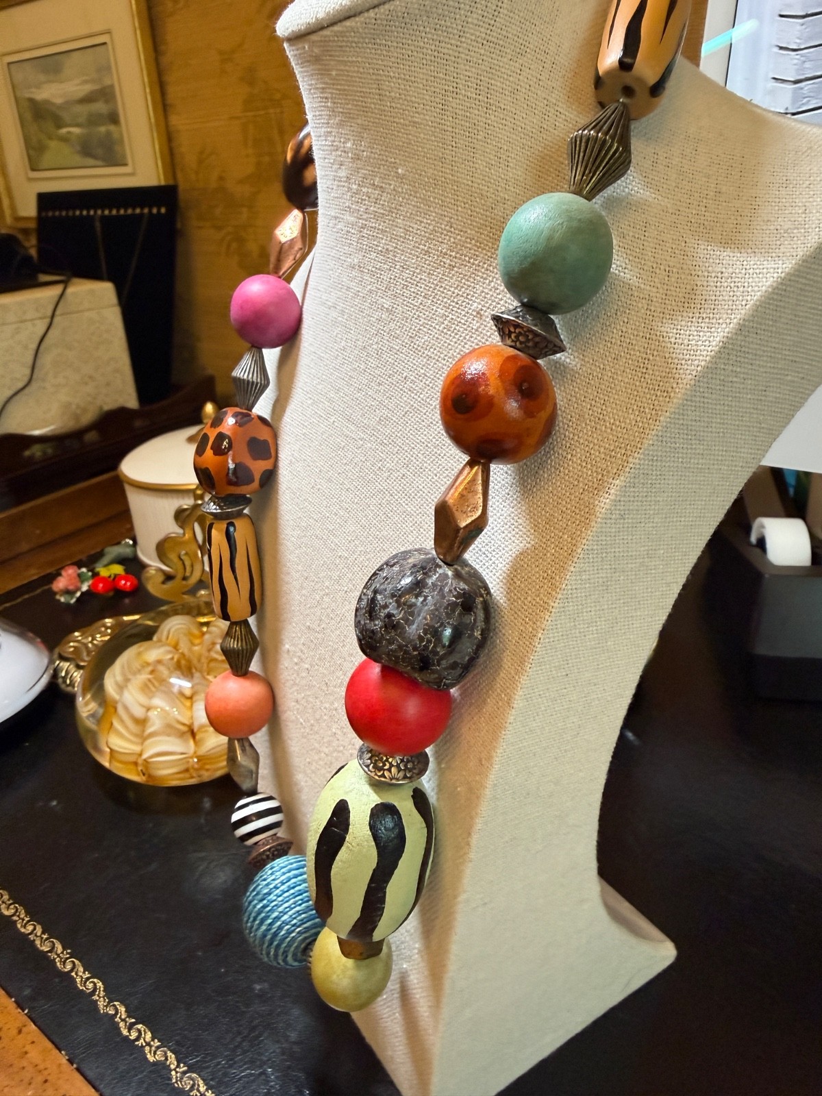 Chicos Chunky Boho Statement Necklace mixed media wood metal tribal safari
