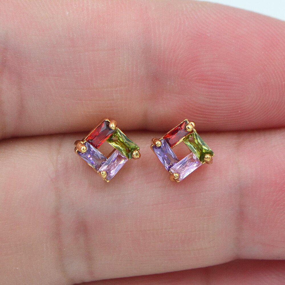 18K Yellow Gold Filled Women Multicolor Mystic Topaz Square Stud Earrings