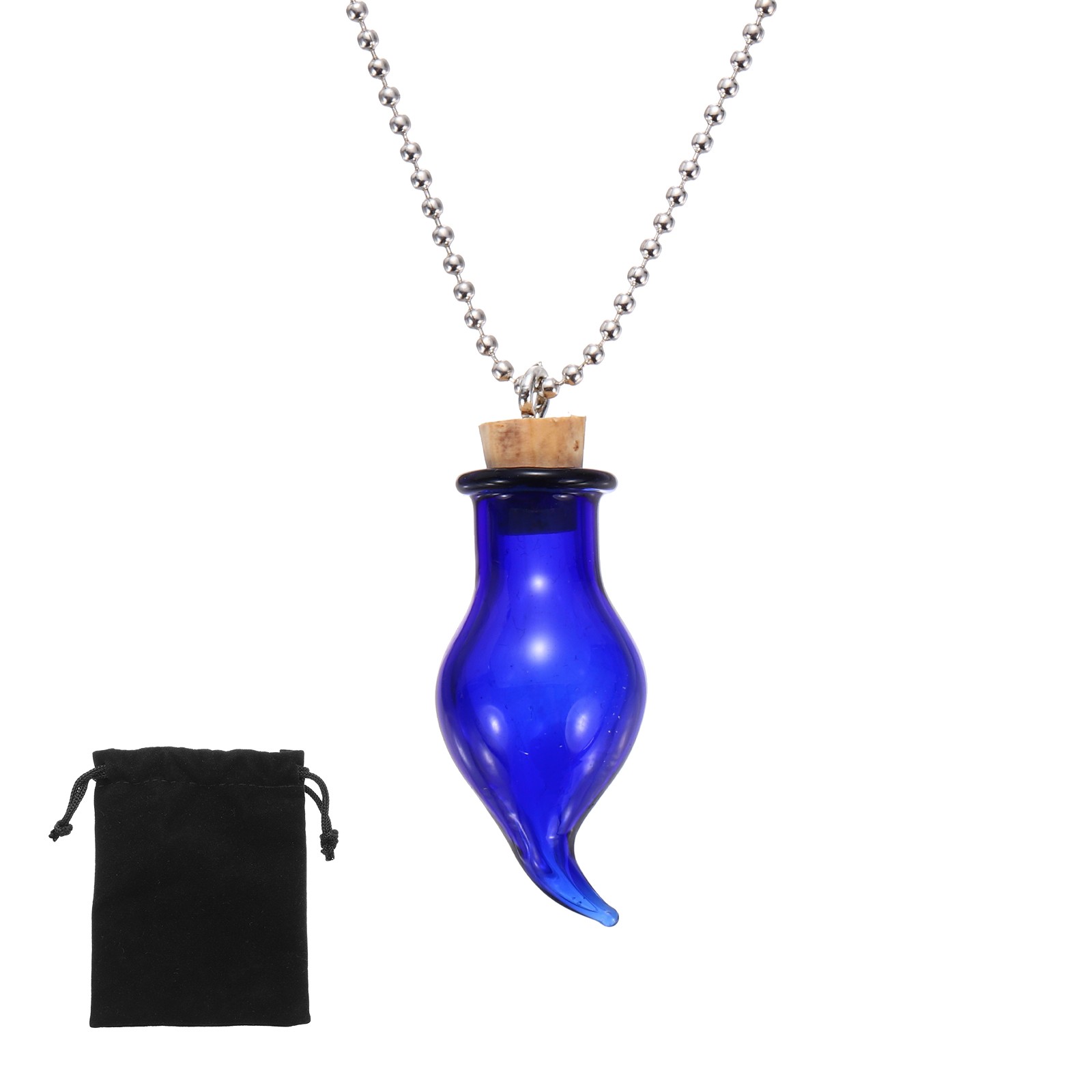 29mm Vial Necklace with Cork Stoppers Black Velvet Bag, Candle Shaped, Blue