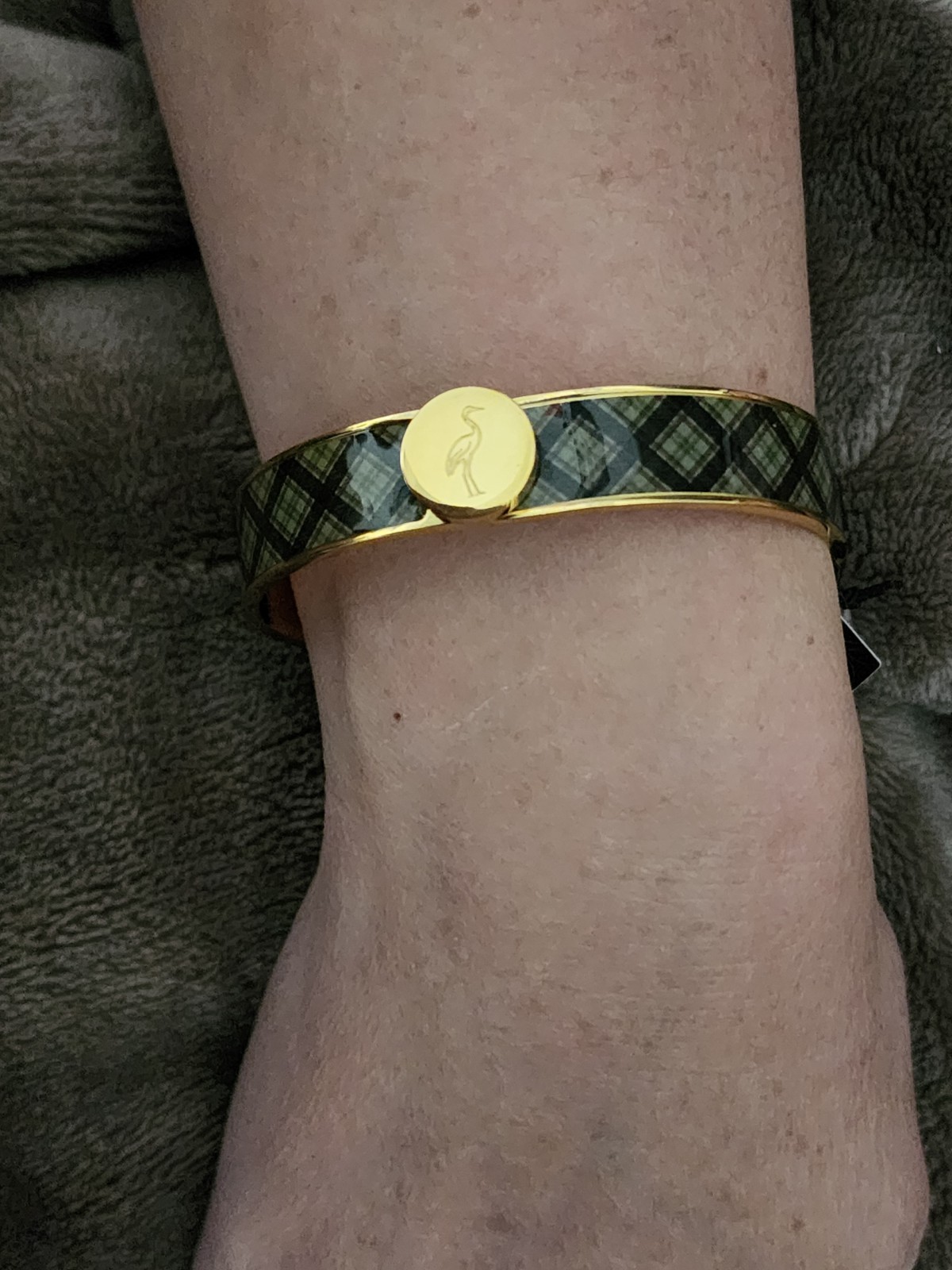 Talidara Gold Tone Plaid Bangle Bracelet w/ Bird Charm Snap Closure Black