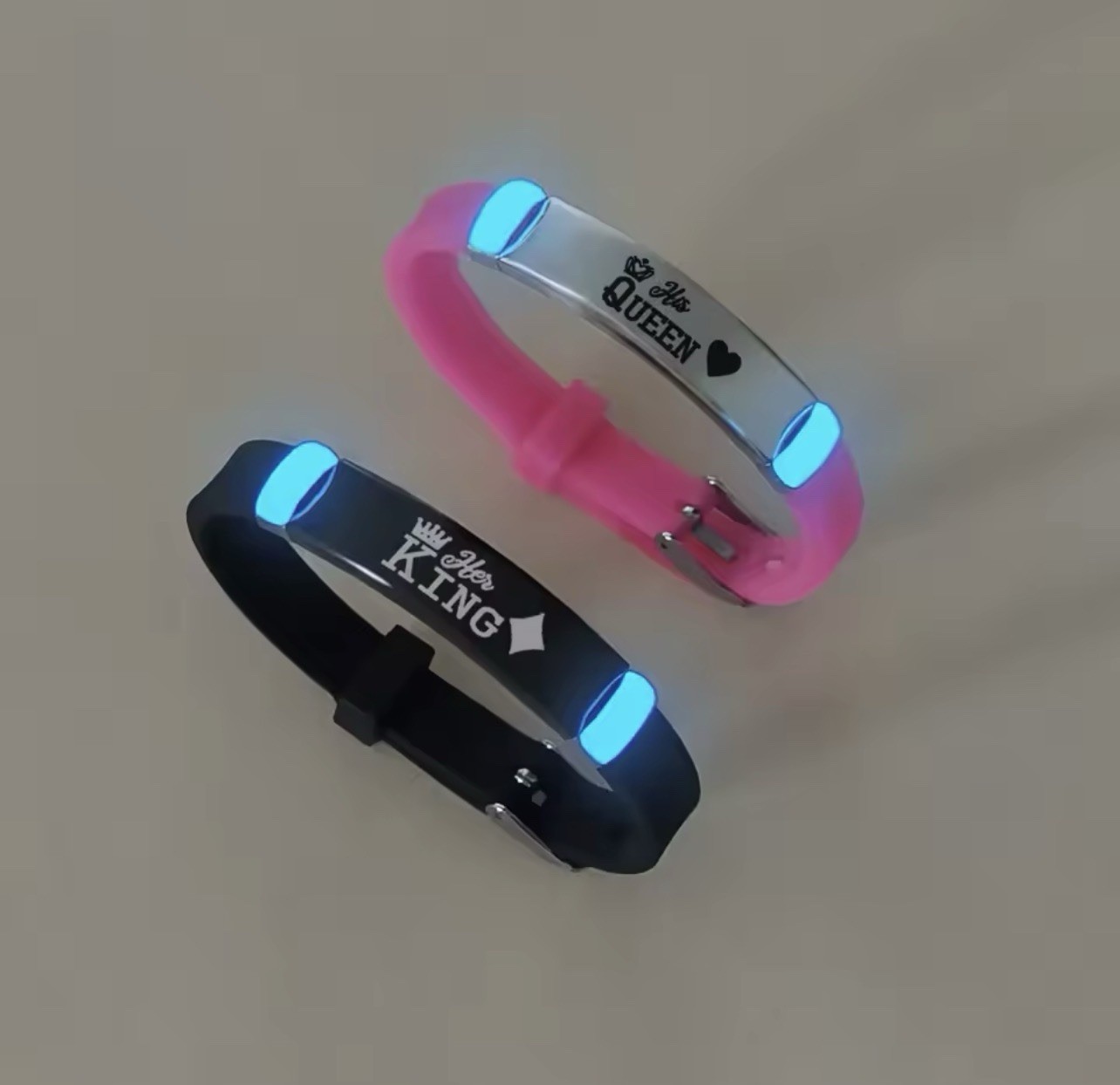 Glow in the Dark Silicone Buckle Couple Bracelets King/Queen Black Pink 16-21cm
