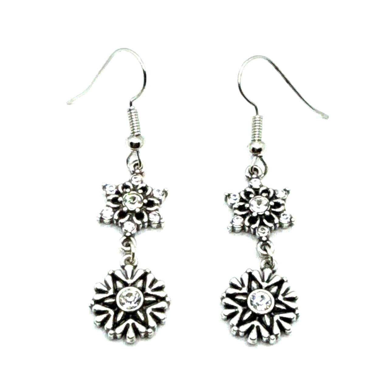Brighton Arctica 2-Snowflakes Dangle Crystals Holiday Winter Silver Earrings