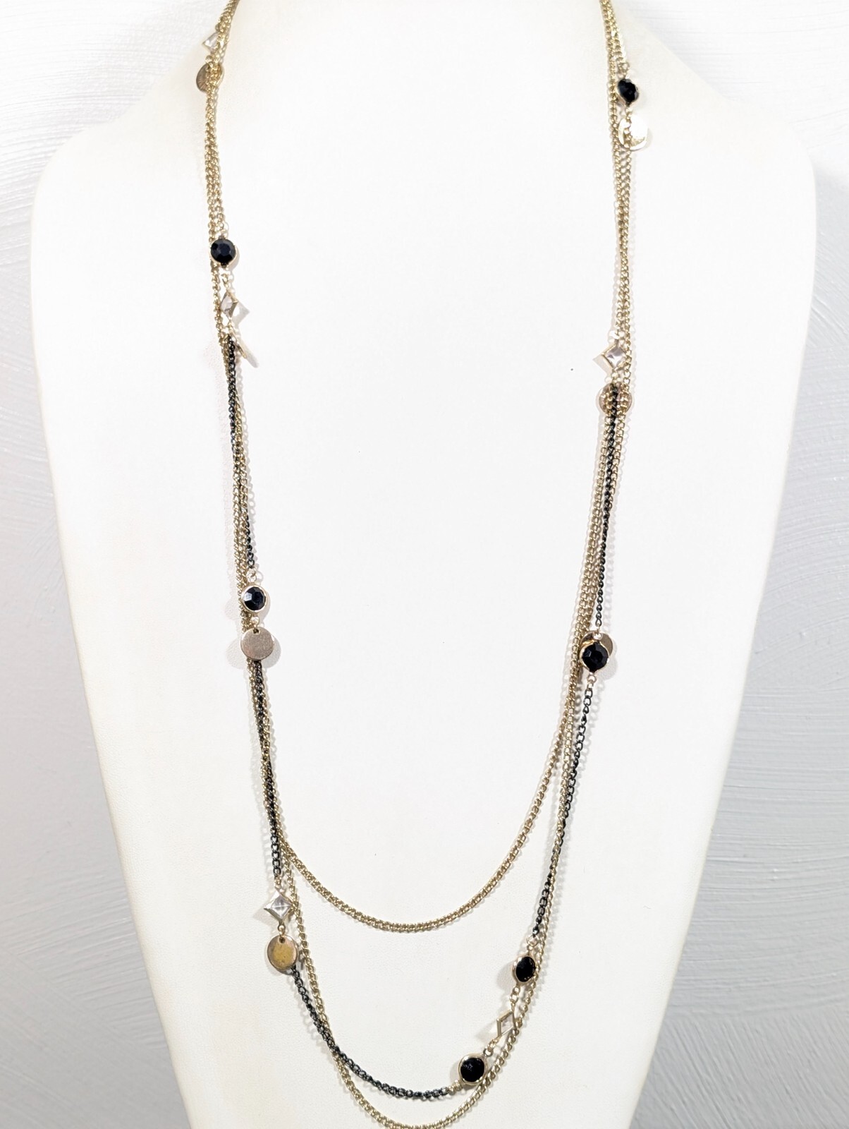 Retro Gold Tone Black Round Bezel Square Crystal Layered Necklace 32 in