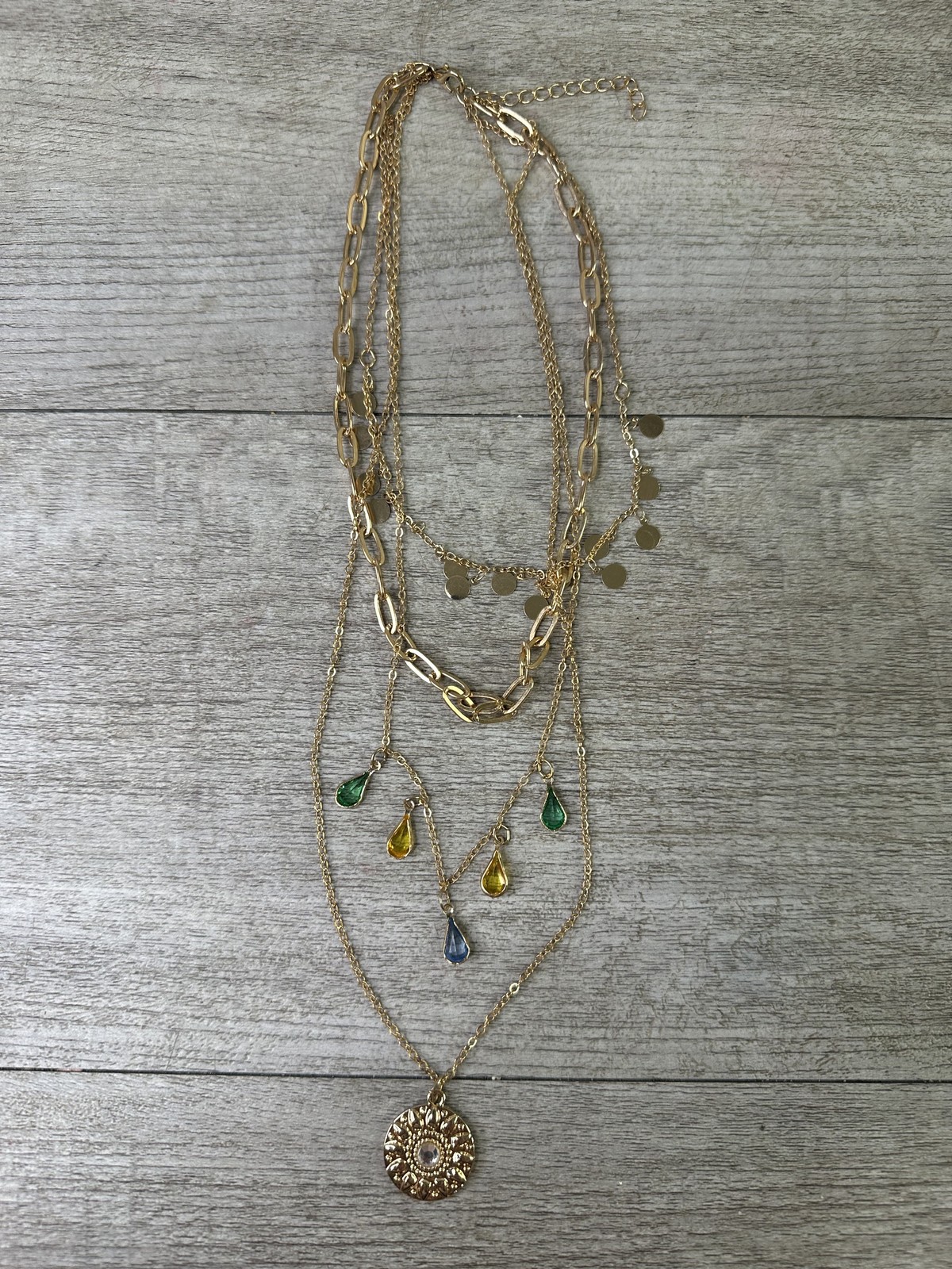 Layered Gold Tone Necklace Multi-Chain with Colorful Teardrop & Rhinestone