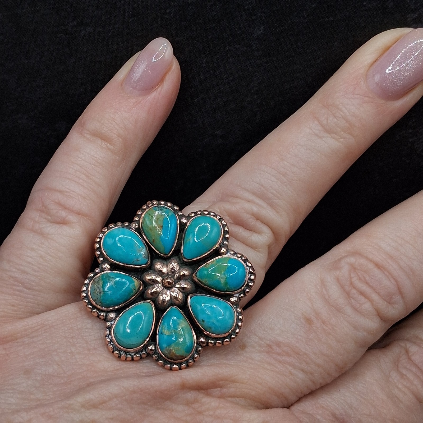 Kingman Turquoise Ring Flower Cluster Ring Solid Copper Southwestern Sz 5.5-10.5