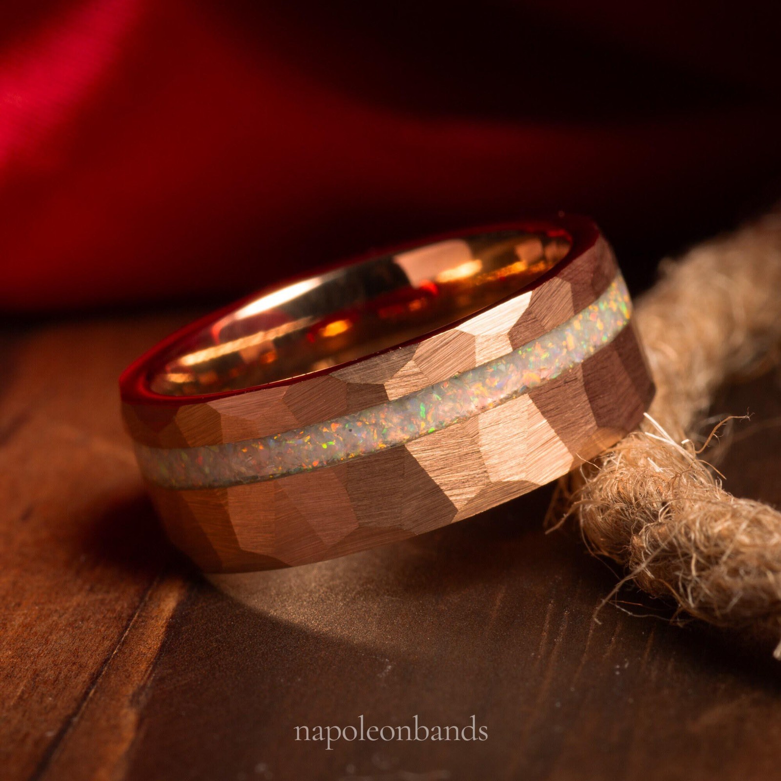 Aurora Flame – White Fire Opal Rose Gold Men’s Tungsten and Women’s Wedding Band