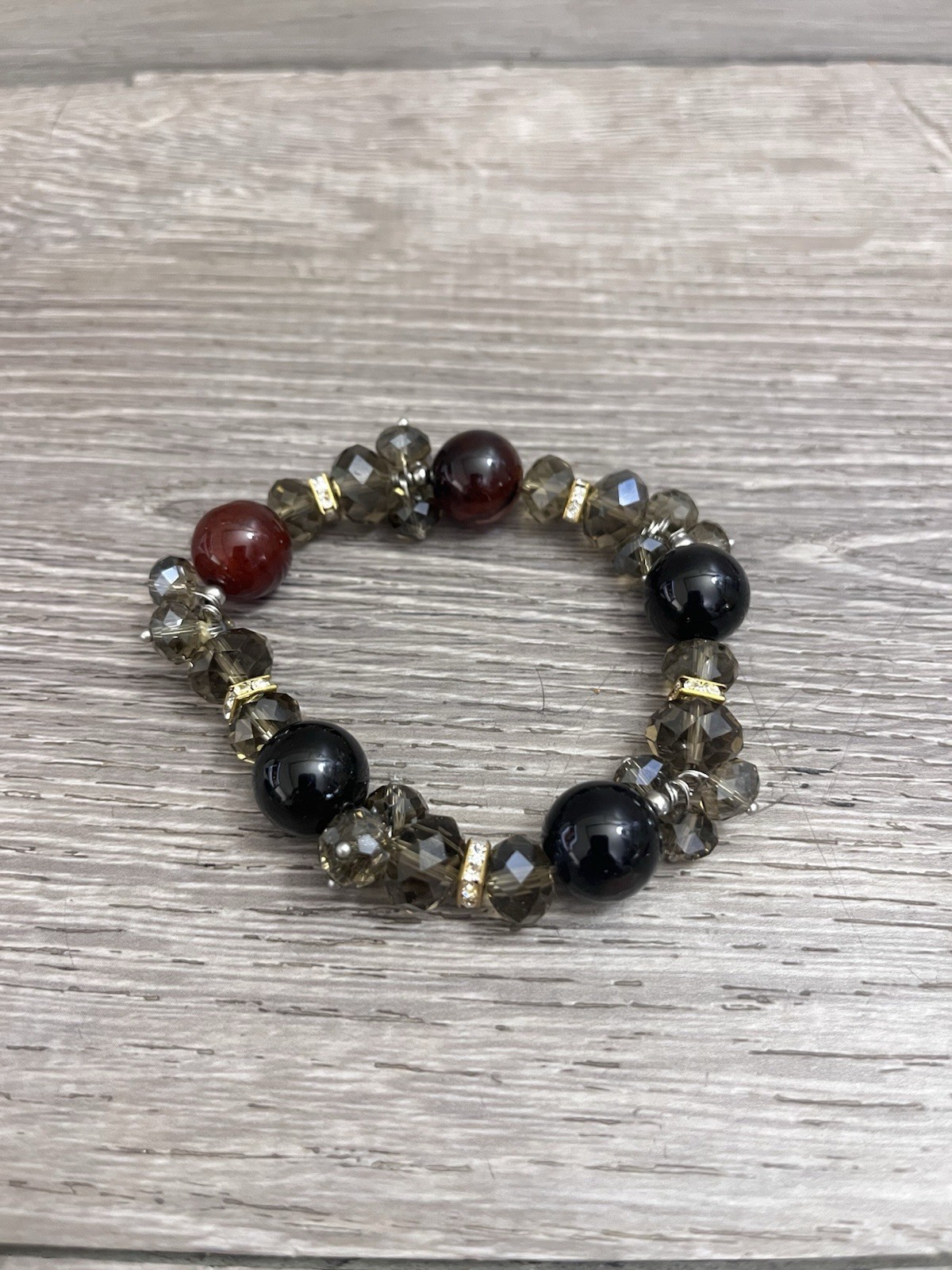 Beaded Stretch Bracelet Black Brown/Red Clear Great Beads 4”