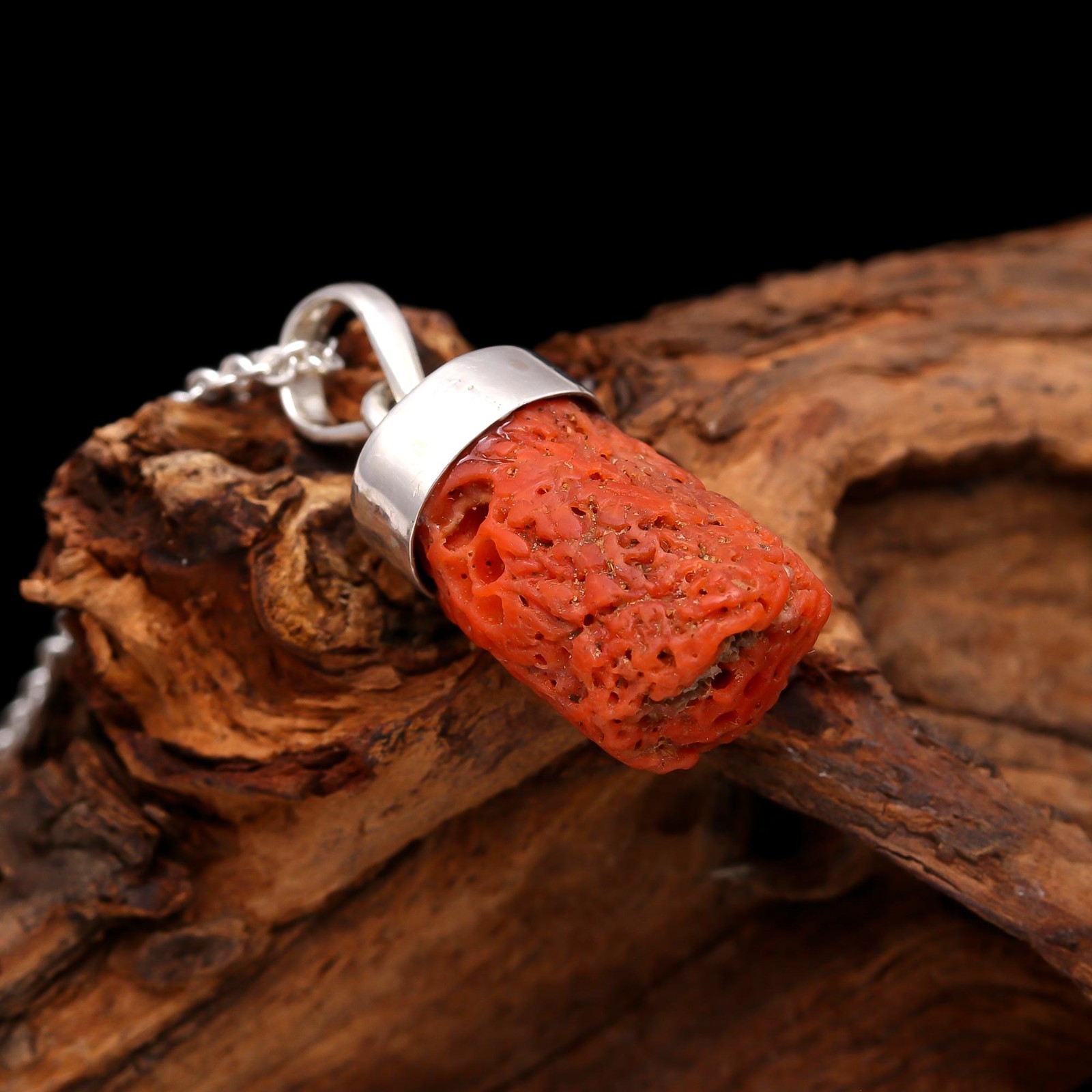 Natural Italian Red Coral Rough Chain Pendant 925 Sterling Silver Unique Jewelry