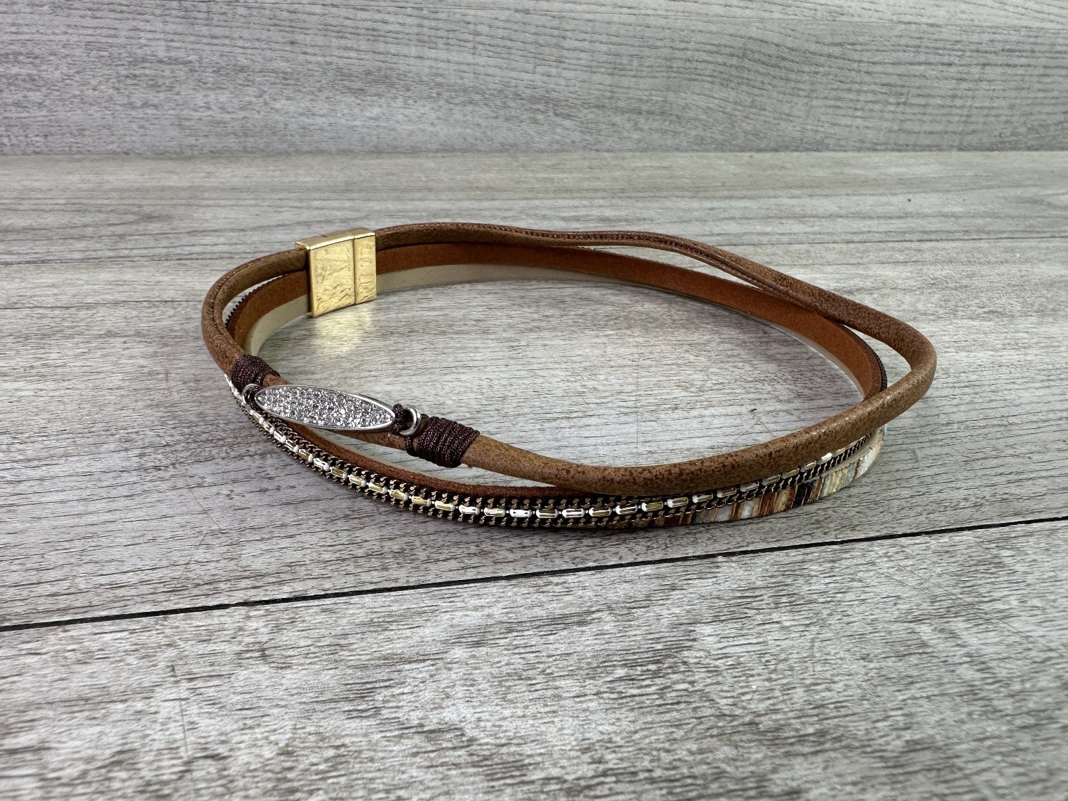 Bohemian Multi-Strand Wrap Choker Faux Leather Pave Crystal Magnetic Clasp