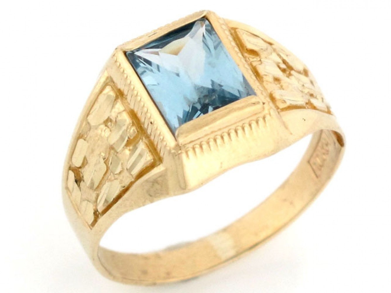 10k Solid Gold Simulated Aquamarine March Birthstone Nugget Ring