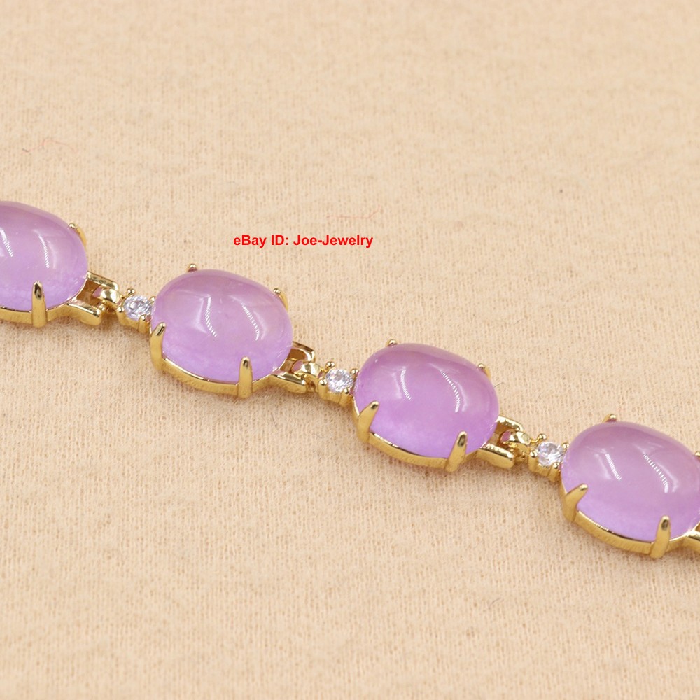 New Yellow Plated Alloy Set 8mm Heated Purple Jade Women’s Bracelet 7.3inch
