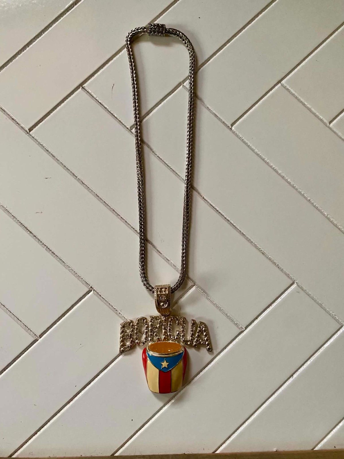 Puerto Rico Flag Conga Drum Pendant Necklace Chain Bling