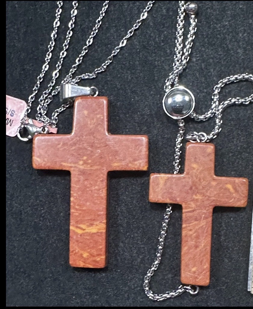 Red Jasper – Christian Cross Necklace & Adj Bracelet Set – Silver Tone – New