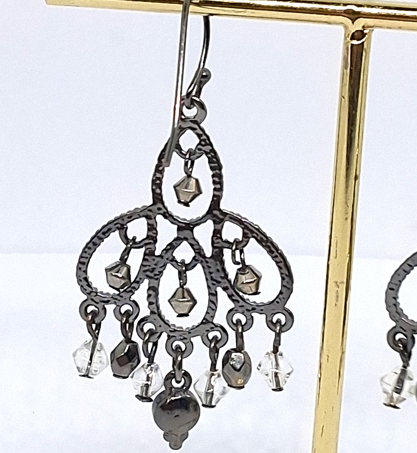 Gunmetal Chandelier Rhinestone Drop Dangle Hook Pierced Earrings