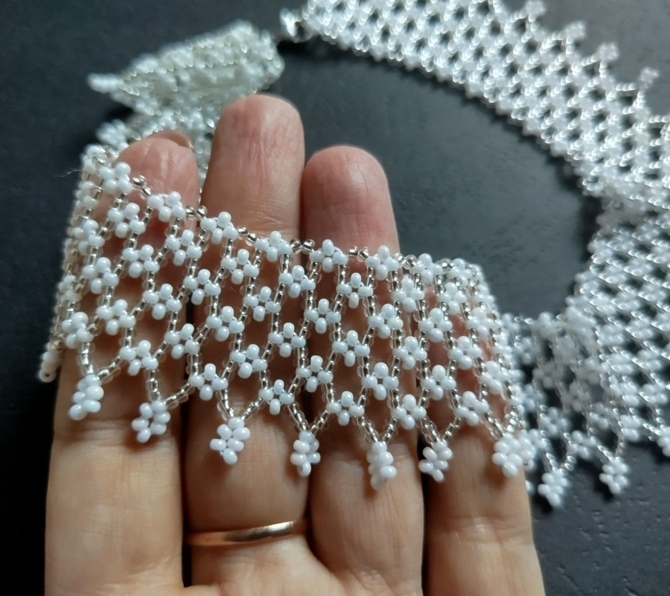 White silver beaded necklace for women Mesh Elegant Wedding Collar HANDMADE