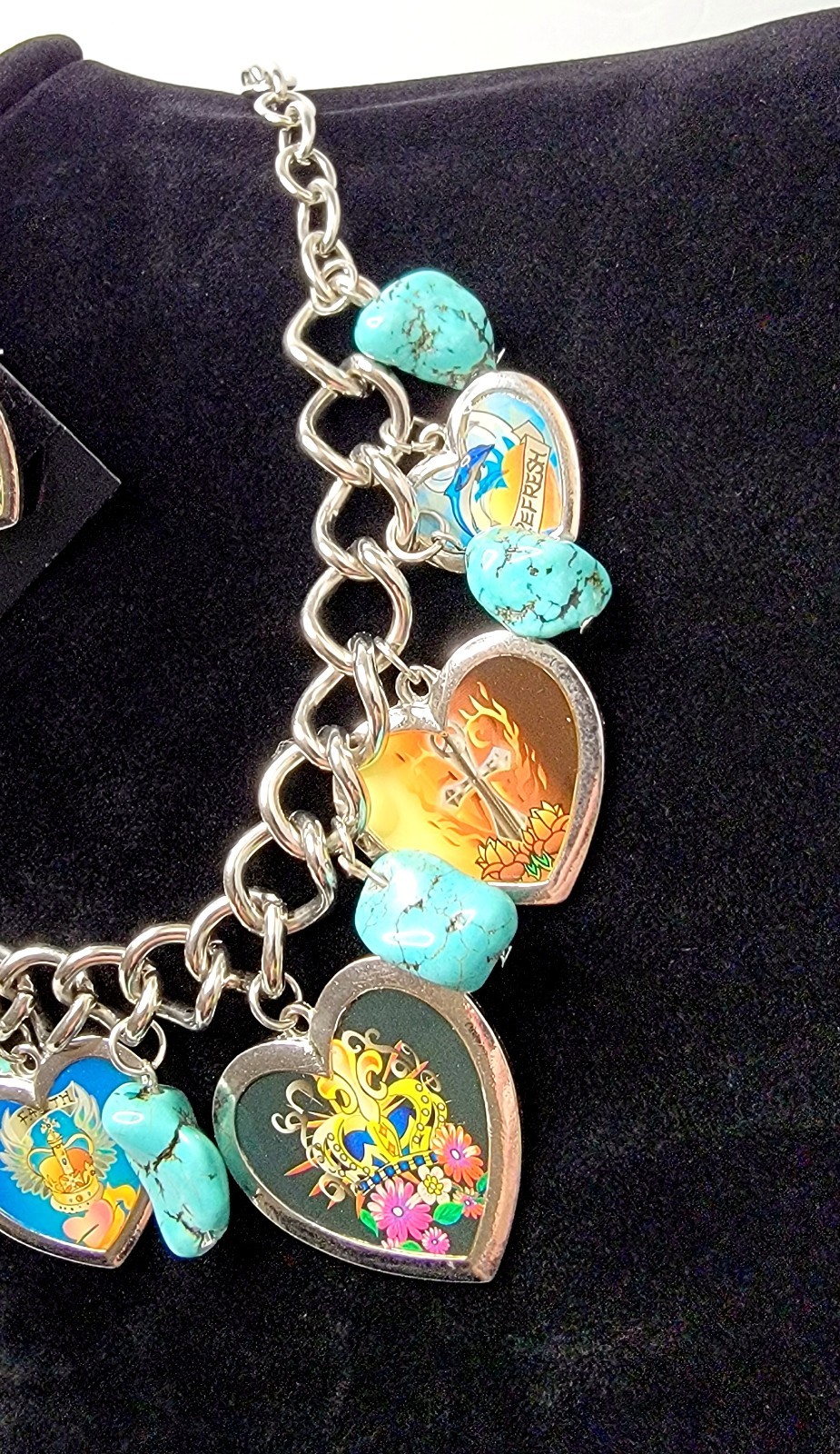 Ed Hardy Style Y2K Chunky Charm Necklace Earring Set Turquoise Heart Tattoo Art