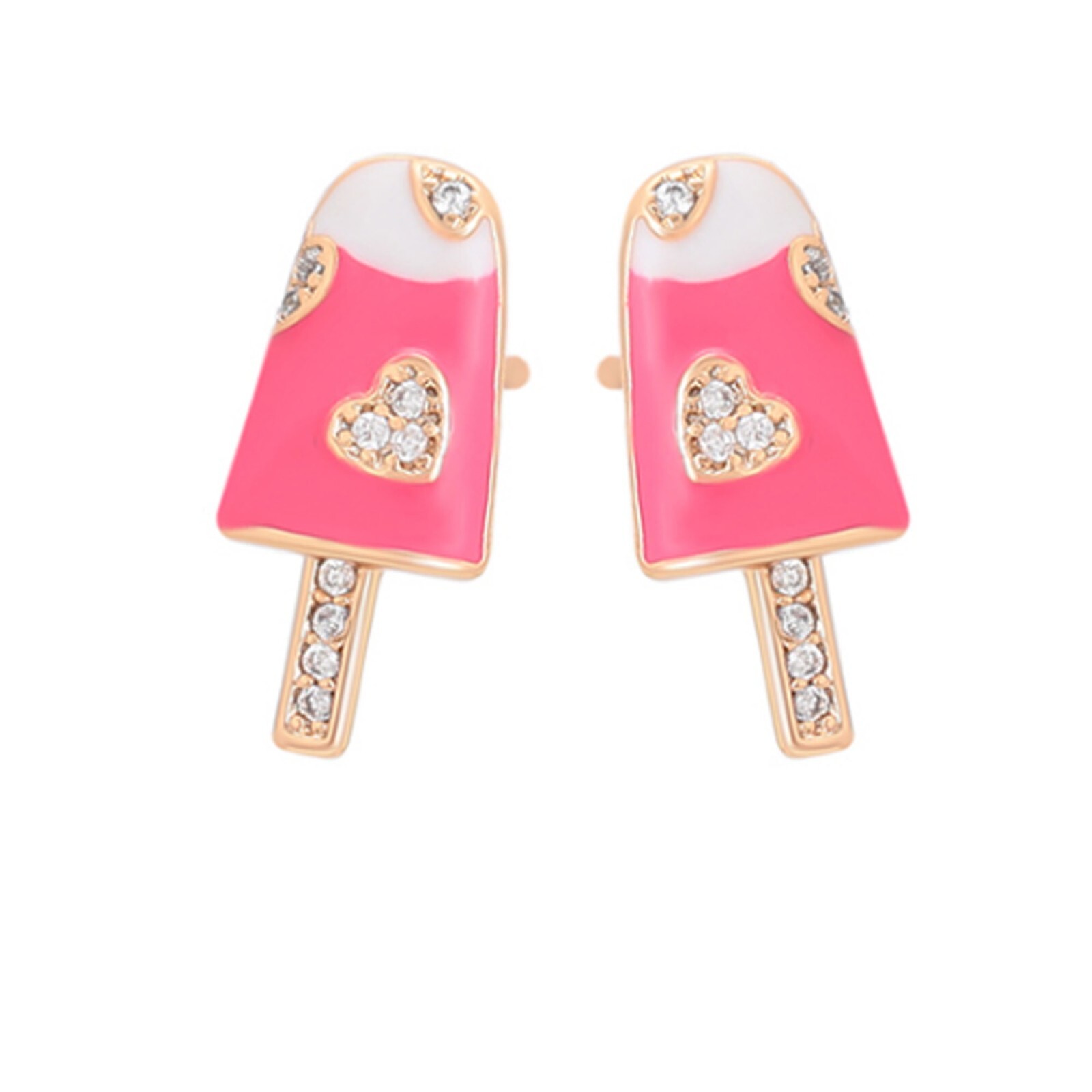 18K Gold Plated Pink Ice Pop Hearts Small Stud Earrings. Unique Cute Funny