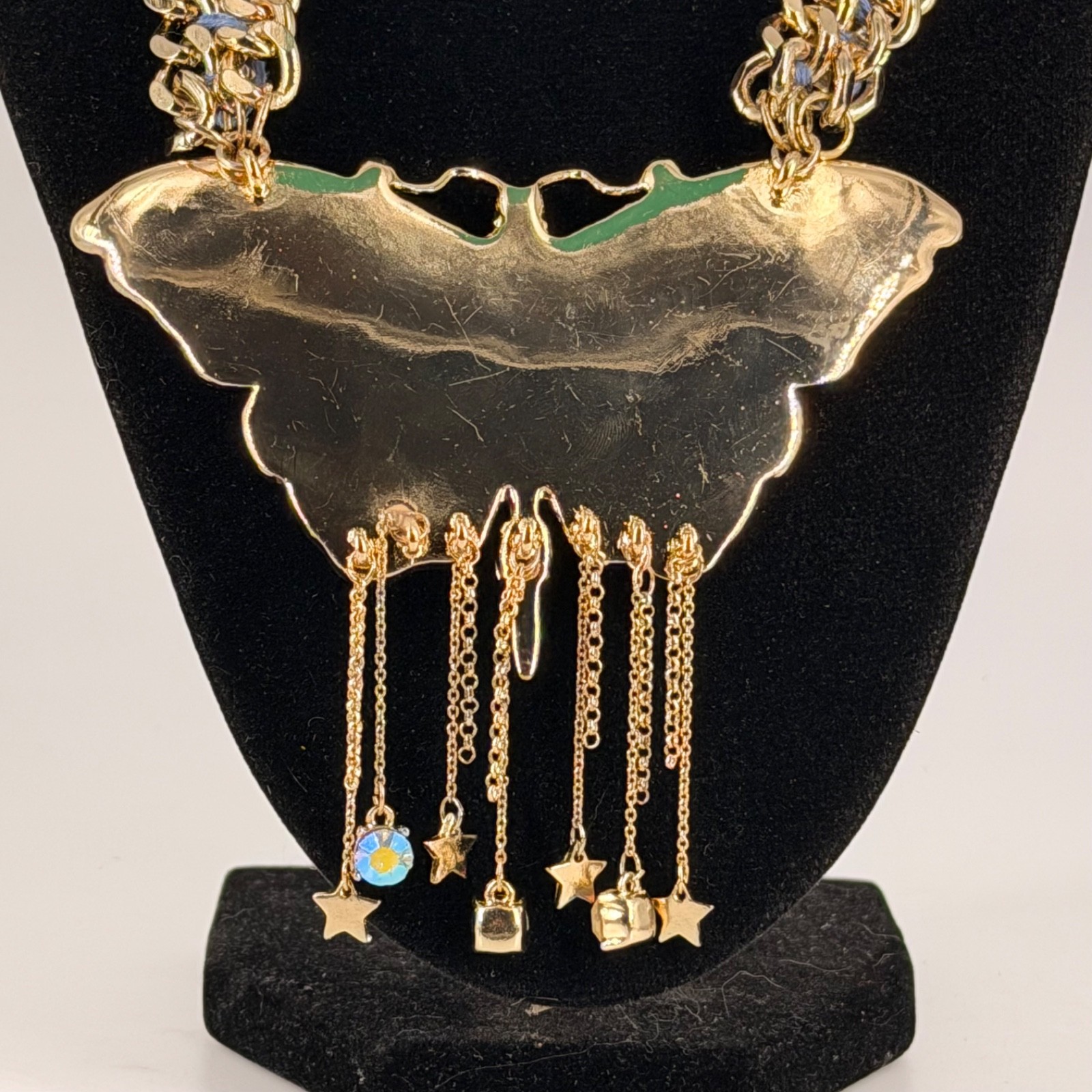 Betsey Johnson Blue Purple Butterfly Statement Necklace Gold Tone Star Charms