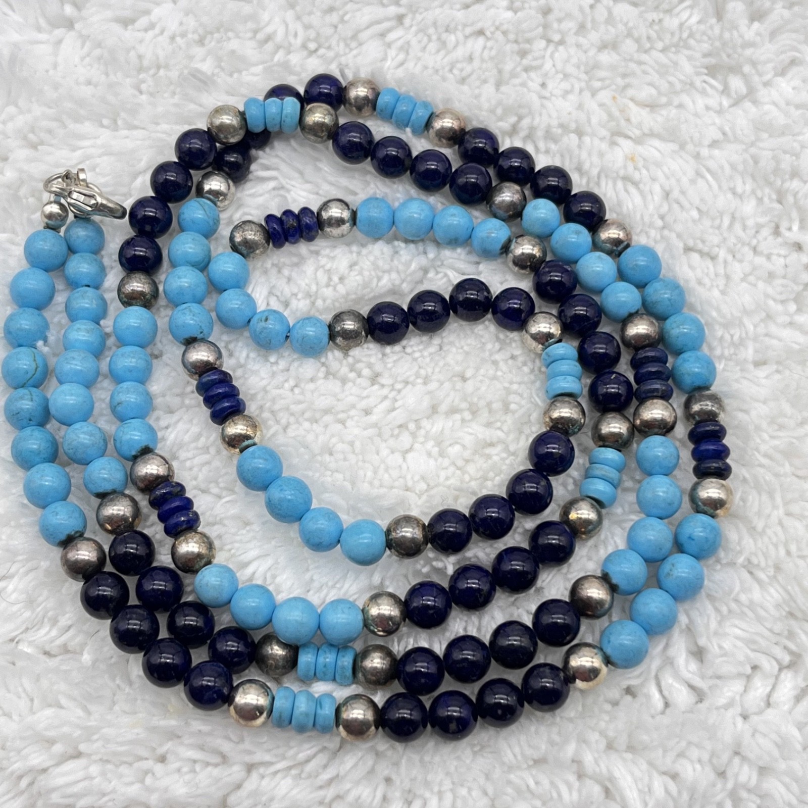 Southwestern Beaded Necklace Blue Black Stones Stamped 925 LONG READ 36″