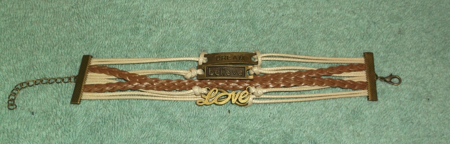 Brown & Tan Cord & Brass Tone Bracelet / Dream / Believe / Love ~7 1/2″ ~9 3/8″