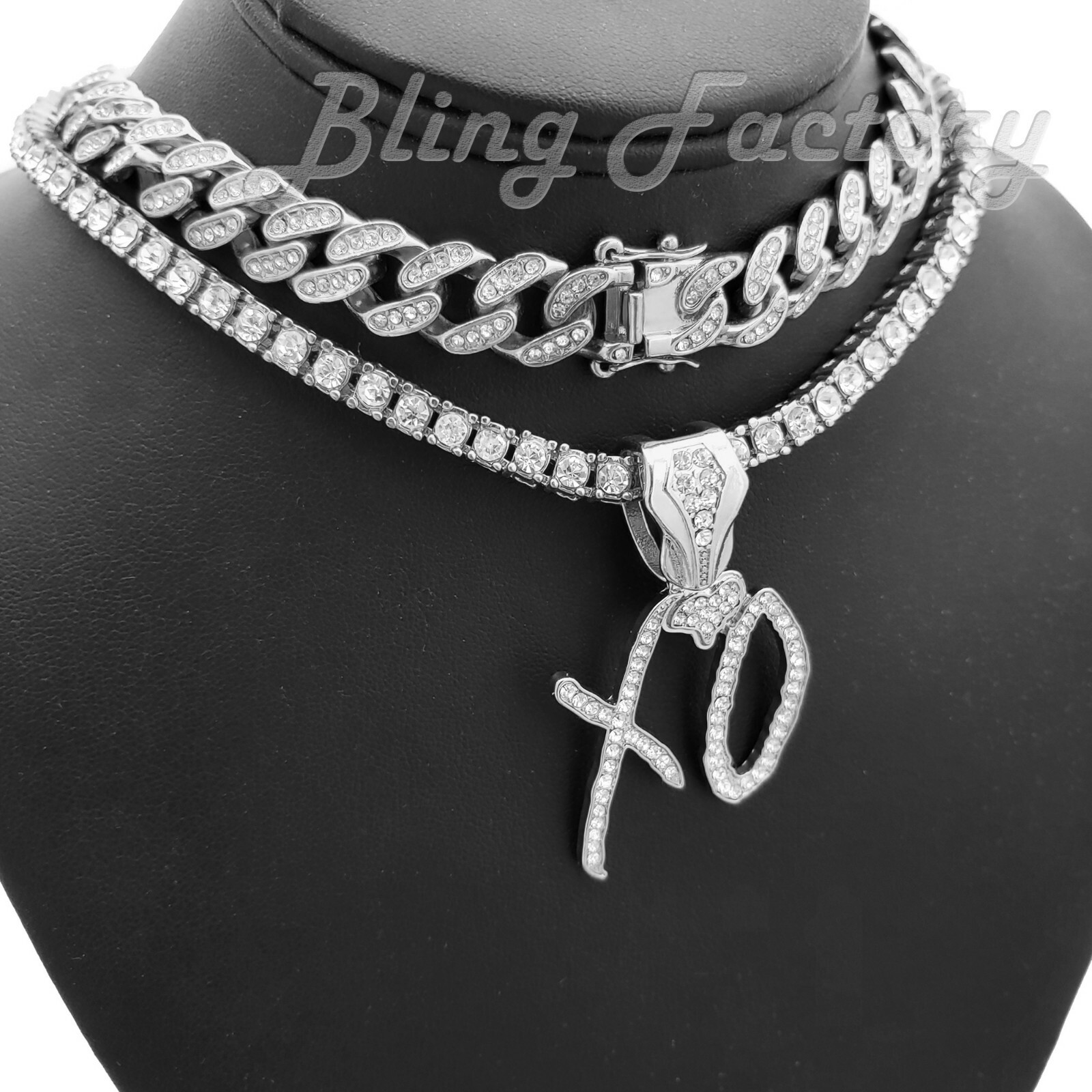XO Gang pendant & 18″ Iced Box Lock Cuban & Tennis Choker Chain Hip Hop Necklace