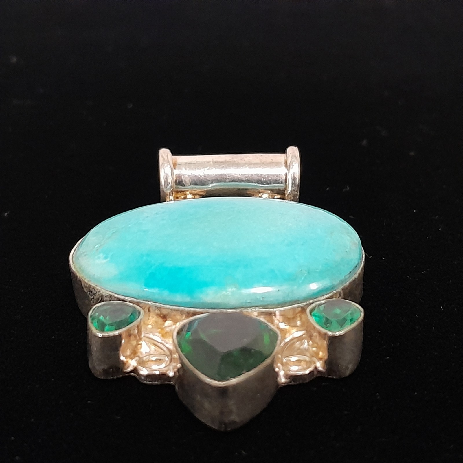 925 Sterling Silver Blue Green Cabochon Pendant Cylindrical Bail 2 inch