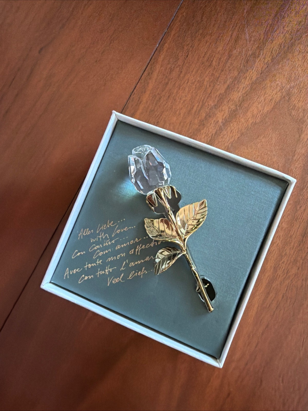 Swarovski Rose brooch Crystal Memories Gold Tone Large flower swan logo Boxed