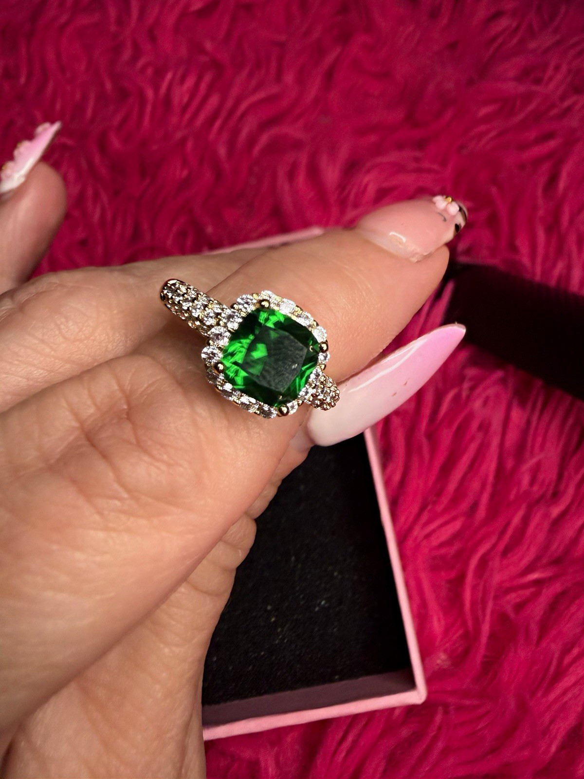 Gold Filled Emerald Green Halo Ring AAA CZ Cushion Cut Size 6