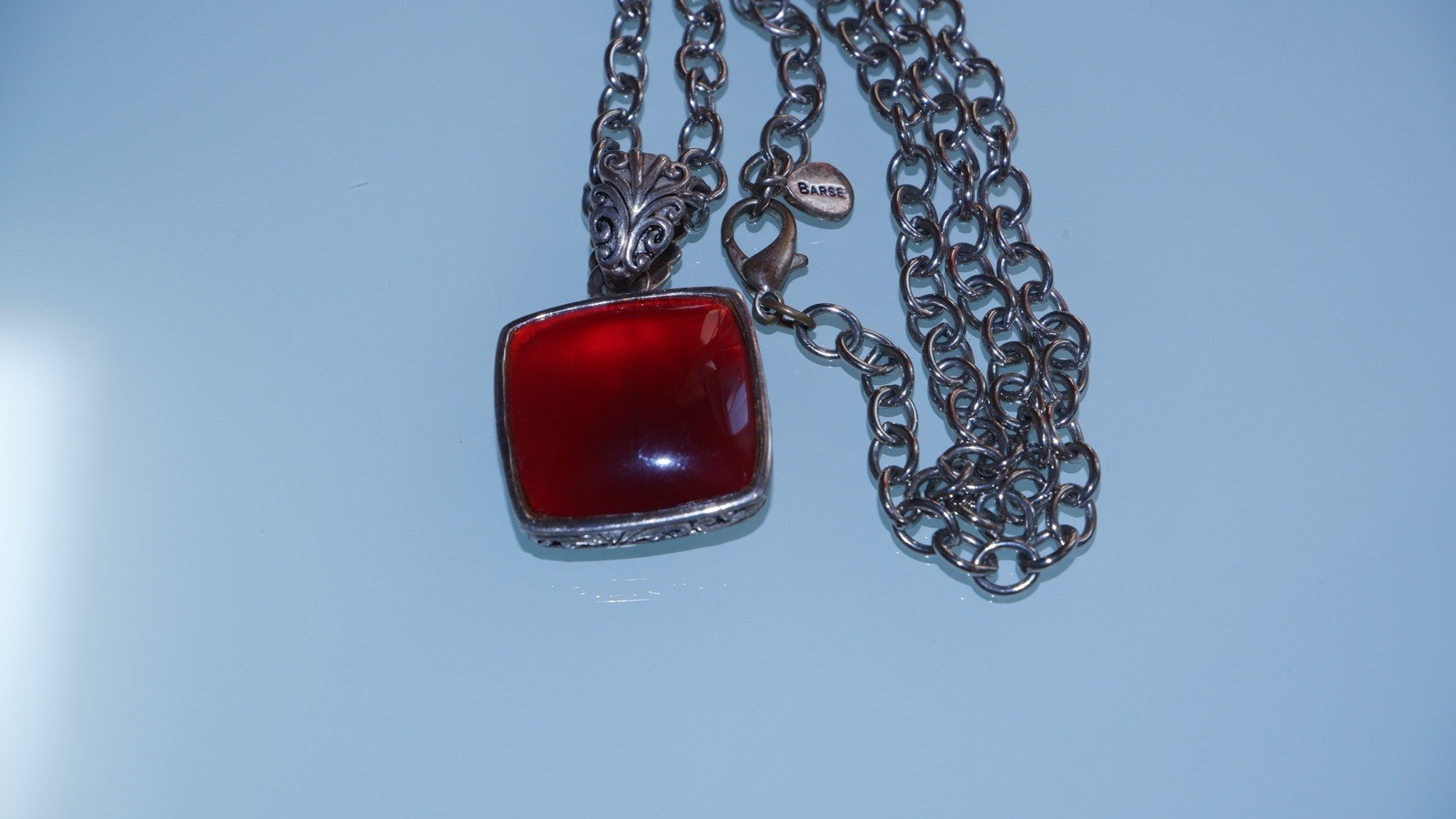 Barse Thailand Red Garnet Cabochon Pendant Silver Filigree Necklace