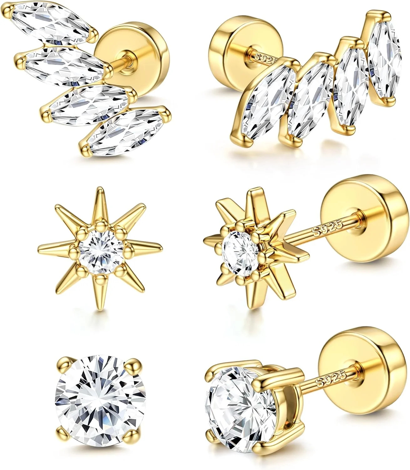 Dochais Flat Back Sterling Silver Earrings 14K Gold Plated Hypoallergenic Stud E