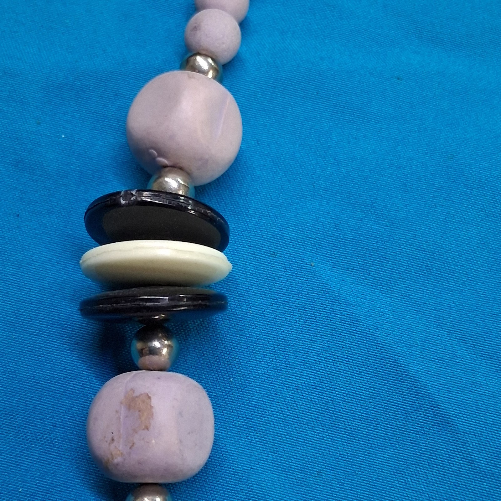 Vintage Purple Wood Bead Black & White Plastic Disc Collar Necklace