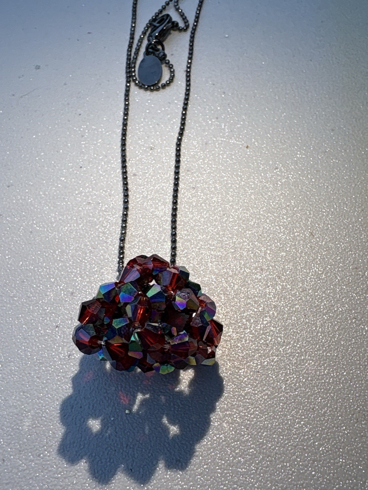 Cookie Lee Red Aurora Borealis Crystal Cluster Pendant Necklace Gunmetal
