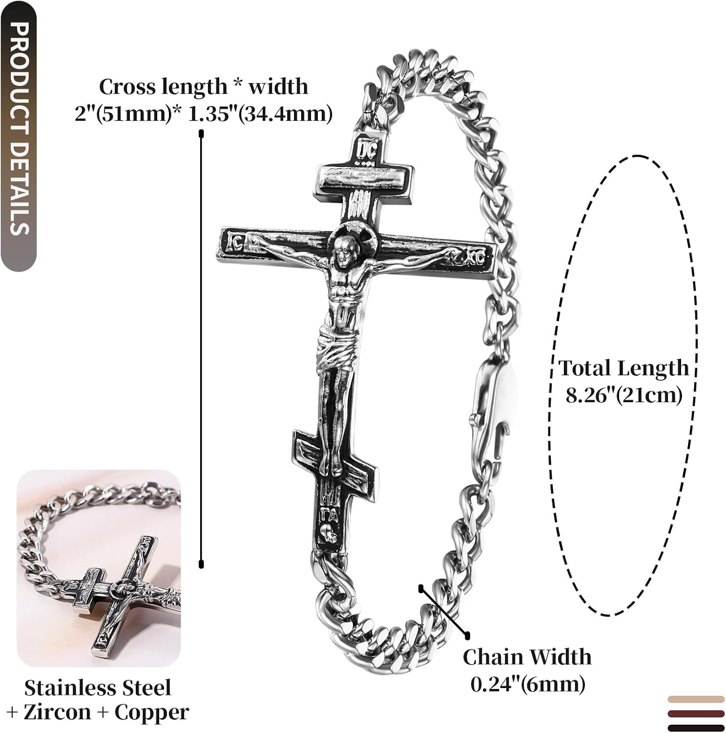 Orthodox Crucifix Cross Bracelet for Men: Stainless Steel Religious Jesus Cru…