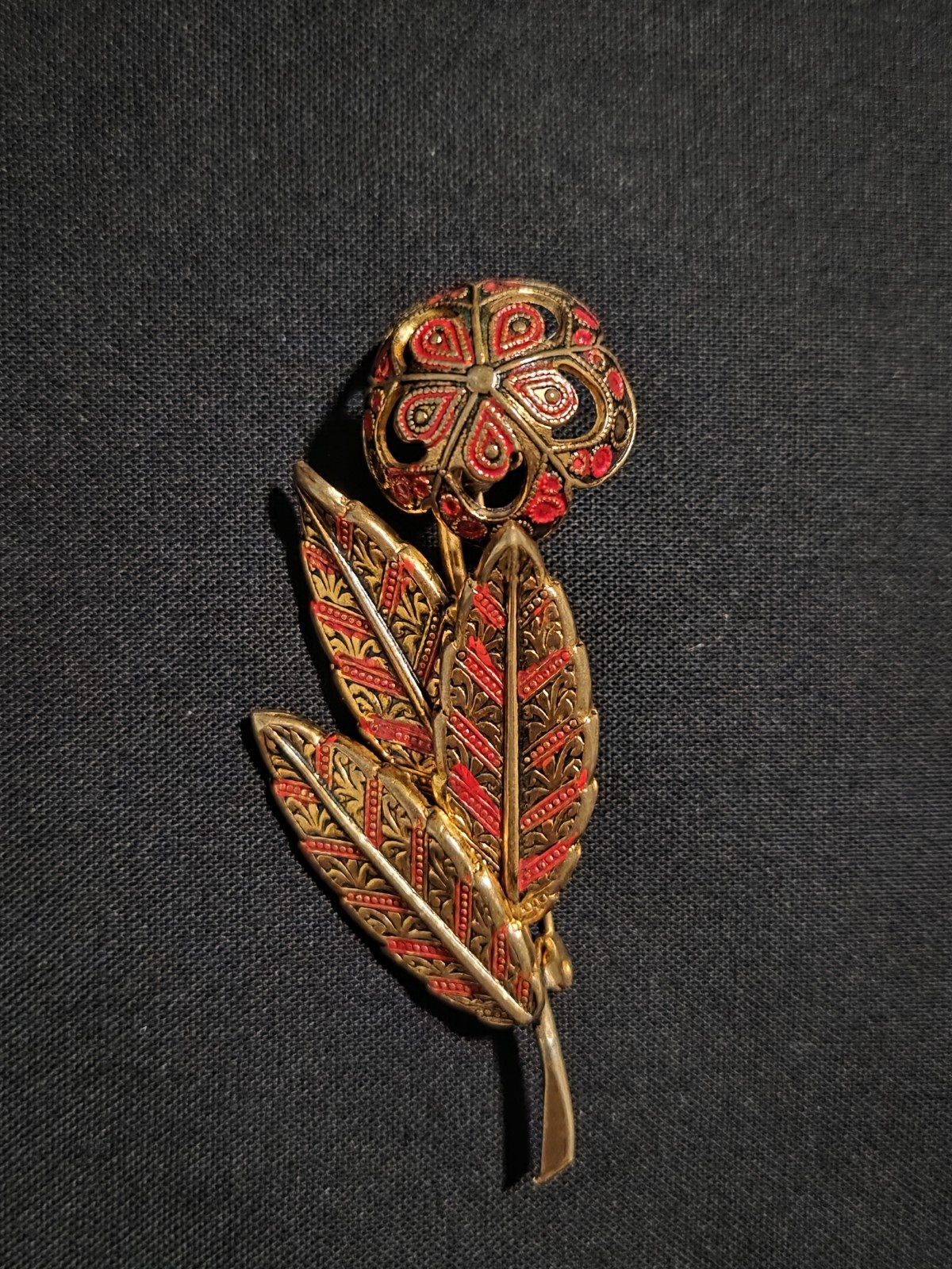 Vintage Gold Tone Red Enamel Floral Brooch Openwork Flower Mid Century Pin 2.75″
