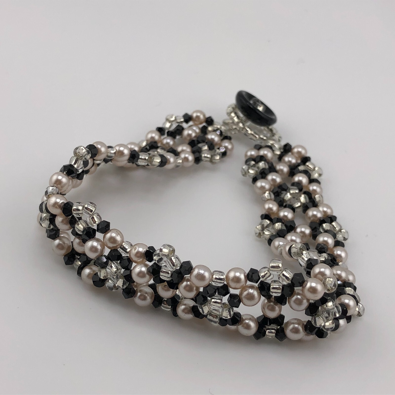 Woven Bead Bracelet Black, White & Pale Pink Beads Valentine’s Retro Festival