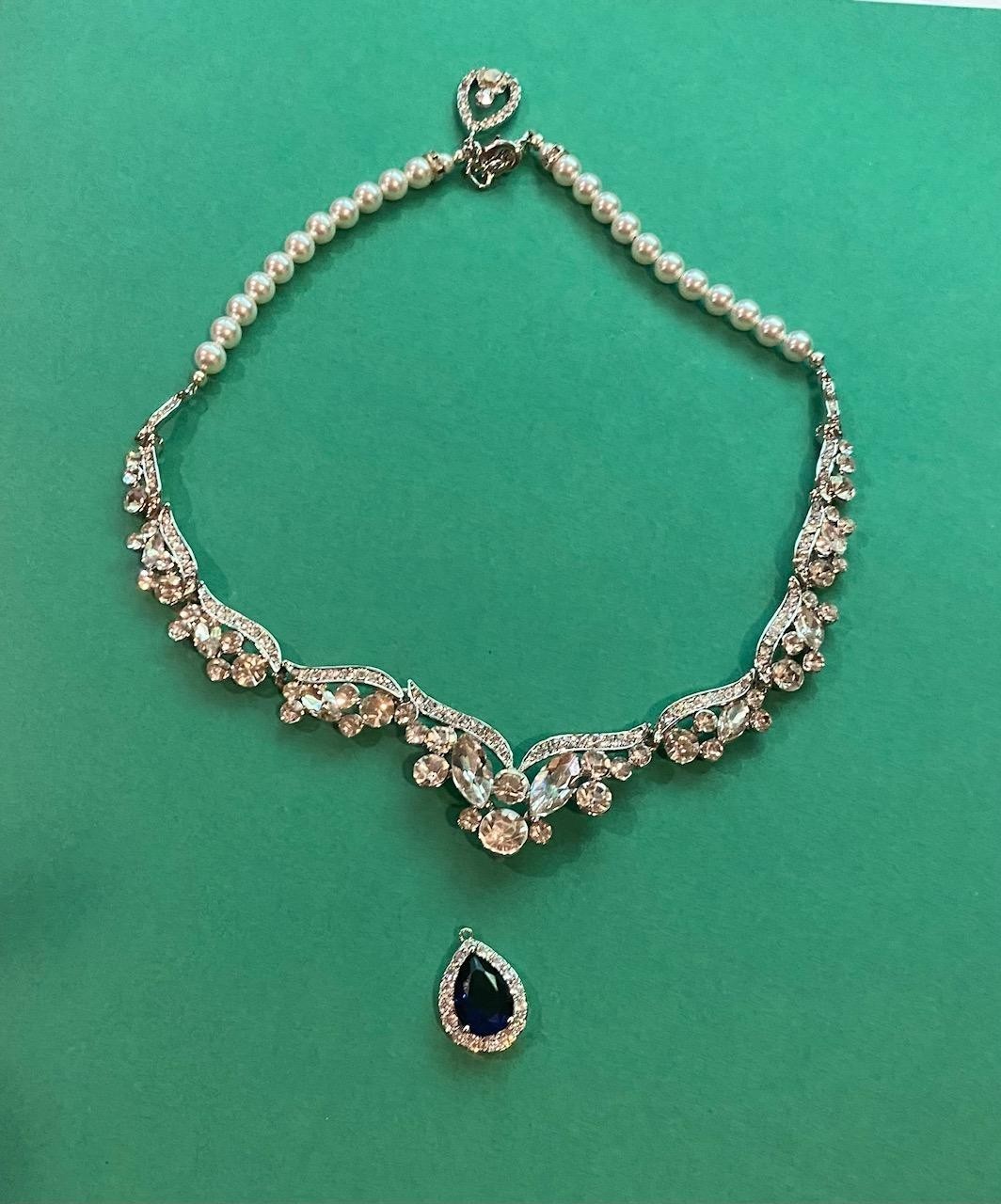 Stunning Blue Sapphire and CZ Diamond Necklace with Removable Pendant