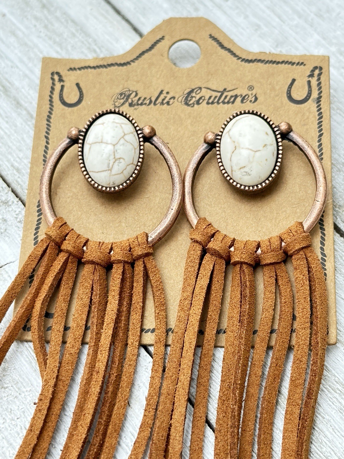Bohemian Suede Tassel Hoop White Stone Earrings