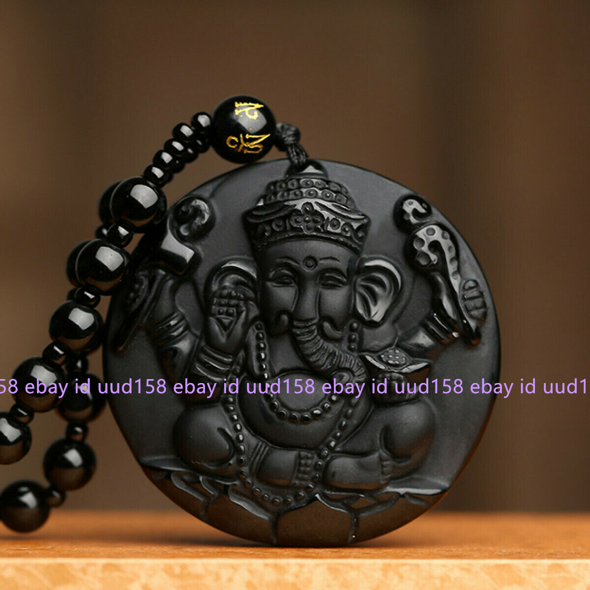 Natural Black Obsidian Hand Carved Ganesha Elephant Pendant Lucky Beads Necklace