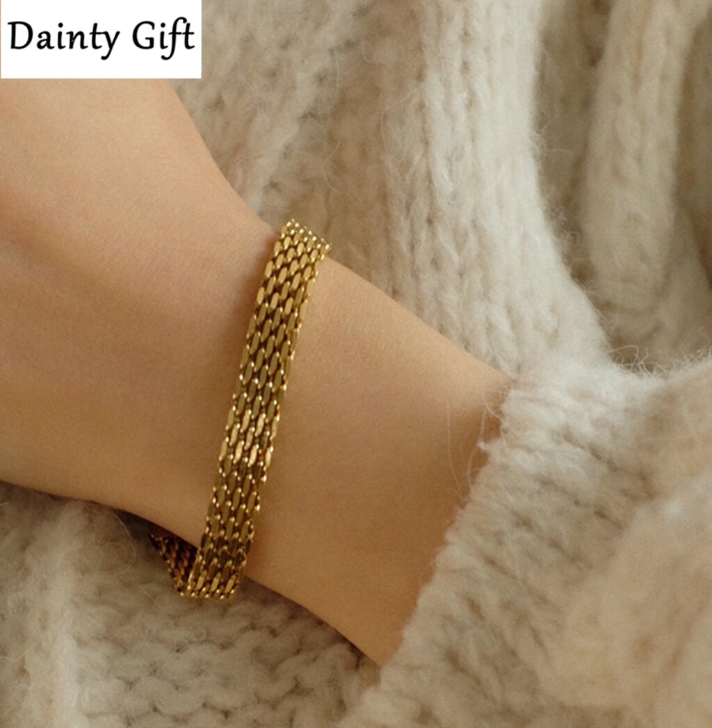 Women Girl Titanium Stainless Steel 9 mm Gold Mesh Rope Chain Bracelet 6.5-8.5″