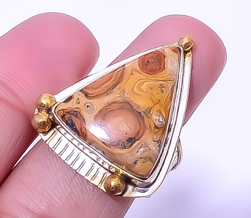 Bird Eye Jasper 925 Silver Plated Two Tone Gold Plated Ring s.9 T27