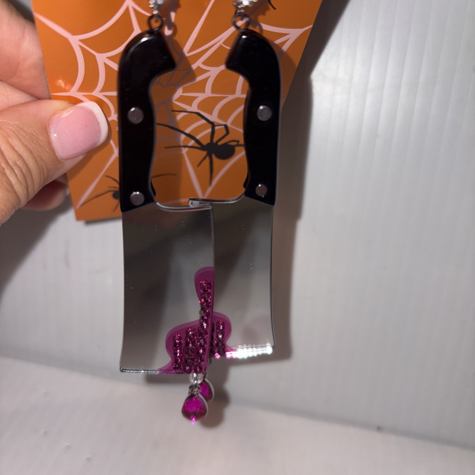 Betsey Johnson Black Handle Cleaver Drop Earrings Crystal Accents For Blood NWT