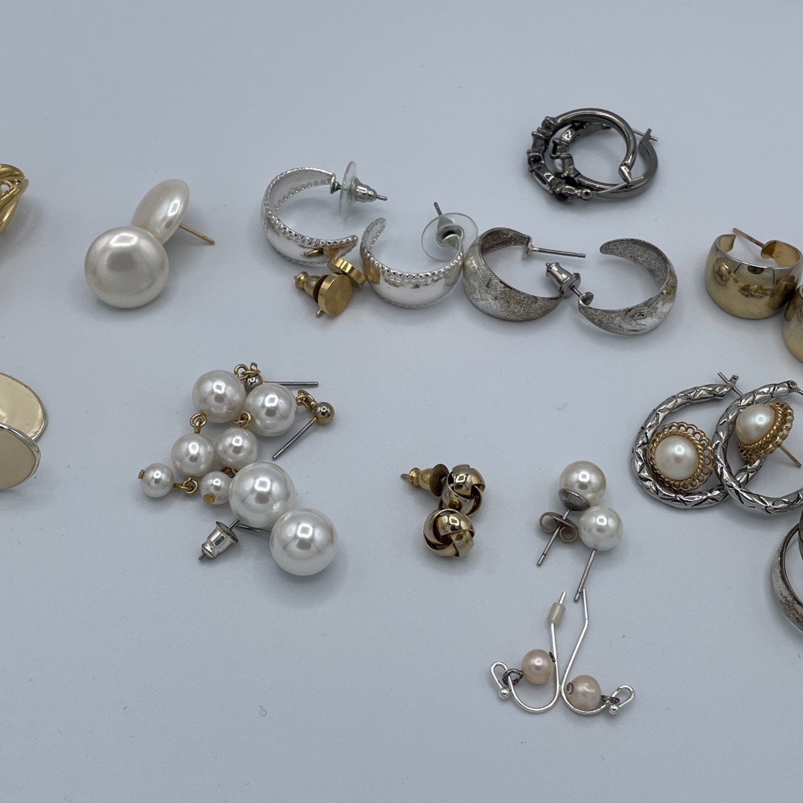 Mixed Costume Earrings Slot Appx 15 Pairs Of Gold And Silver Tone, Faux Pearls