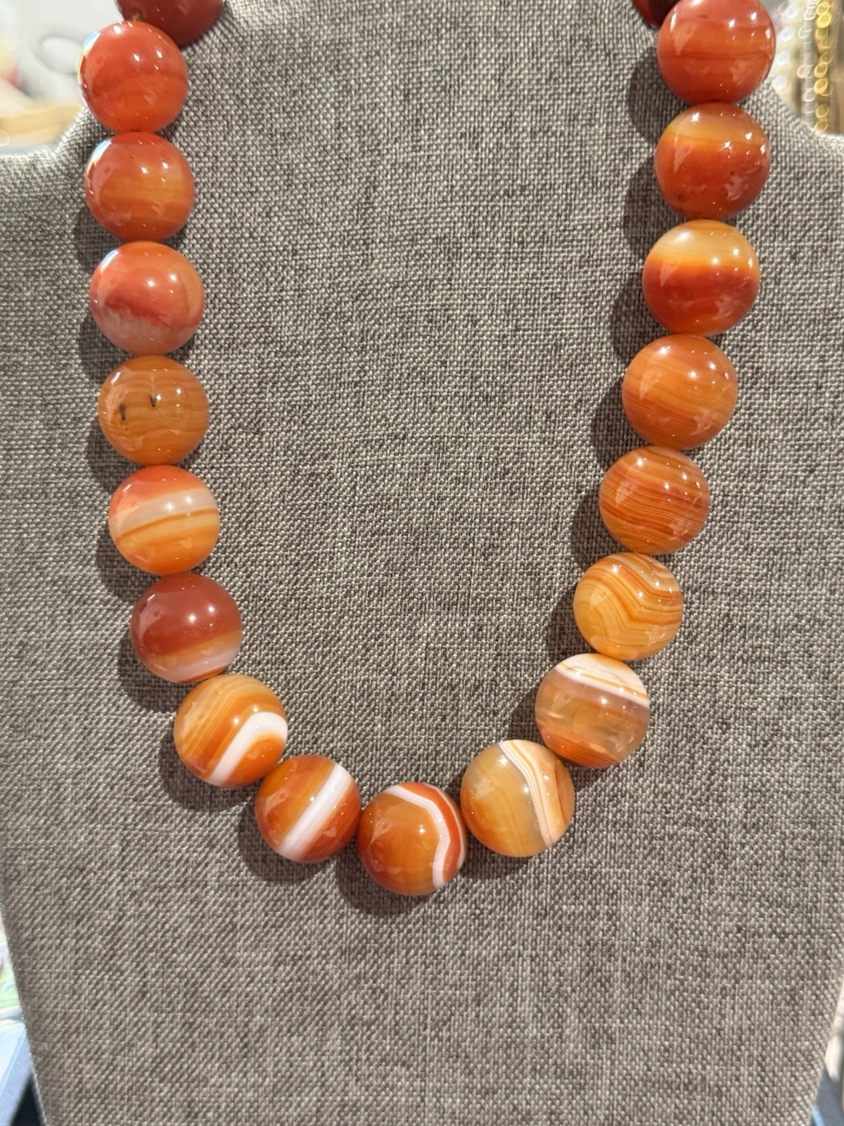 Vintage Carnelian Agate Strip Marble Beads Necklace 925 351AR* HAM 18”