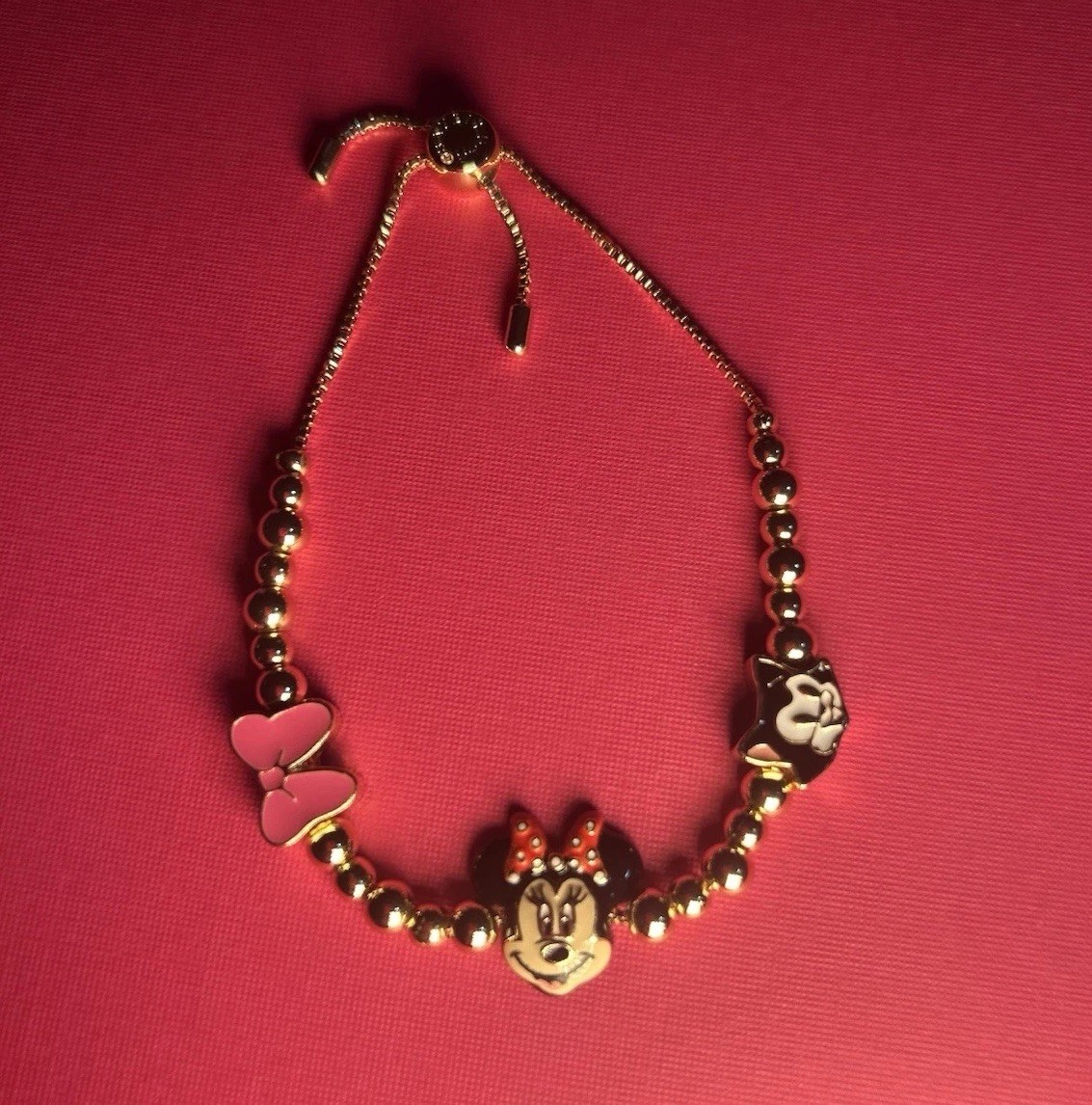 BaubleBar Disney Minnie Charm Beaded Adjustable Bolo Bracelet Pink Bow